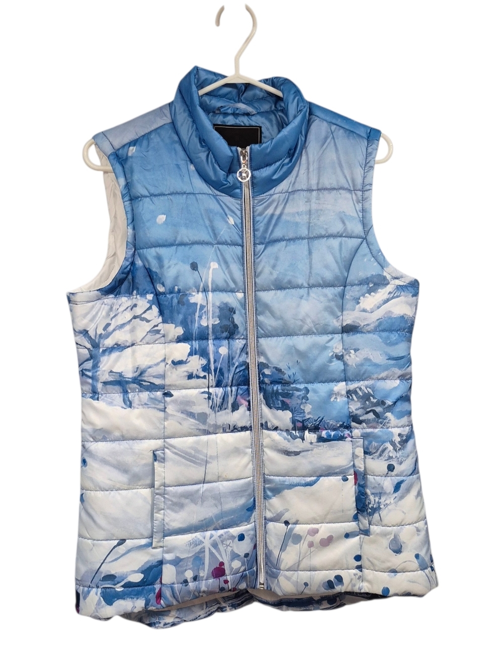 Dolcezza Blue Printed Quilted Sleeveless Puffer Vest Women's Size Medium